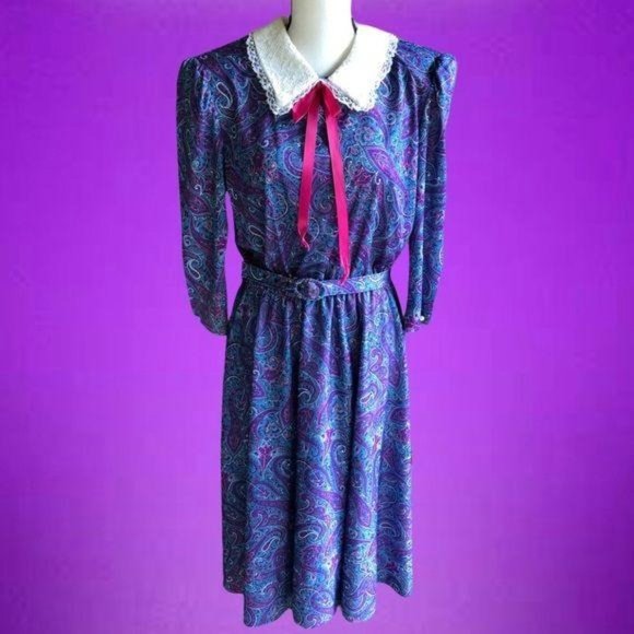 Vintage 80’s Paisley Lace Collar Dress Purple sz10 - Picture 1 of 16